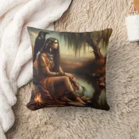 Native American Woman Sitting By River With Raven Throw Pillow