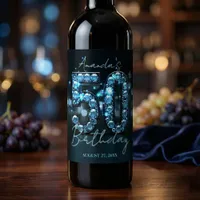Teal Blue Diamonds Glamorous 50th Birthday Wine Label