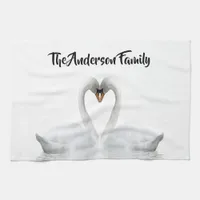 Elegant white swans family name script kitchen towel