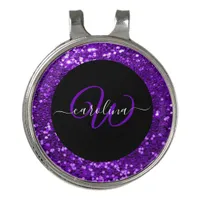 Stylish monogram purple glitter name black golf hat clip