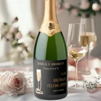 Black gold pearls prosecco birthday party sparkling wine label