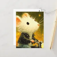 Adorable White Mouse riding a Motorcycle in Black Postcard