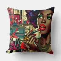 Beautiful Woman Putting on Lipstick in Kitchen Throw Pillow