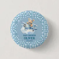 Cute Bear Blue Plane Time Flies One 1st Birthday Button