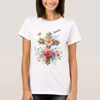 Christian Blue Cross by Blossoming Flowers T-Shirt