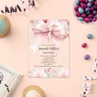 Pink bow cream florals girl clear Baptism Acrylic Invitations