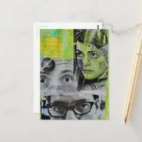 Random Collage of  Vintage Faces on Green Postcard