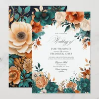 Teal Burnt Orange & Champagne Floral Wedding Invitation