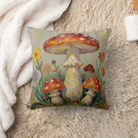  Cottage Core Mushrooms and Flowers Throw Pillow
