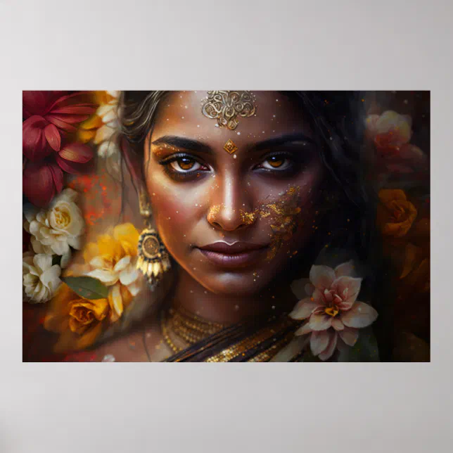 Glittering Indian Bride Face Wall of Flowers Poster