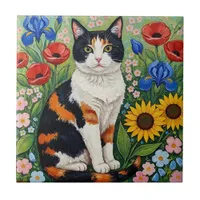 Calico Cat and Folk Art Sunflowers Ceramic Tile