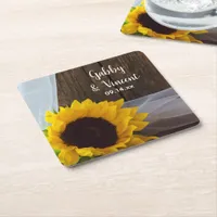 Rustic Yellow Sunflower and Barn Wood Wedding  Square Paper Coaster