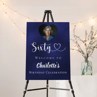 Navy blue 60th birthday party photo heart welcome foam board