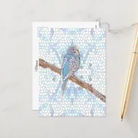 Cute blue budgie on mosaic background   postcard