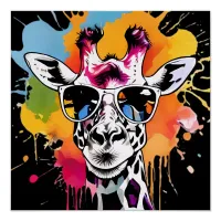 Cute colourful Giraffa with sunglasses splash Poster