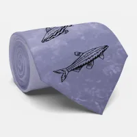 Fish Swimming Gray Ocean Black Line Art Necktie