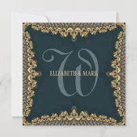 Brocade Monogram Teal & Gold Wedding Invitation