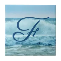 Ocean Waves Crashing Beach Coastal Monogram Tile