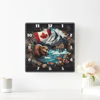 Snowy Mountain, Canadian Beaver, Ocean View Square Wall Clock