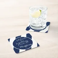 Elegant Nautical Striped Wedding -Navy Blue, White Square Paper Coaster