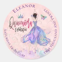 Quinceanera Iridescent Blush Glam Dress Name Date Classic Round Sticker