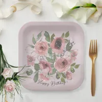 Watercolor Pink flowers on Pink  Paper Plates