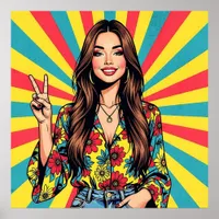 Retro Boomer Hippie Lady giving Peace Sign