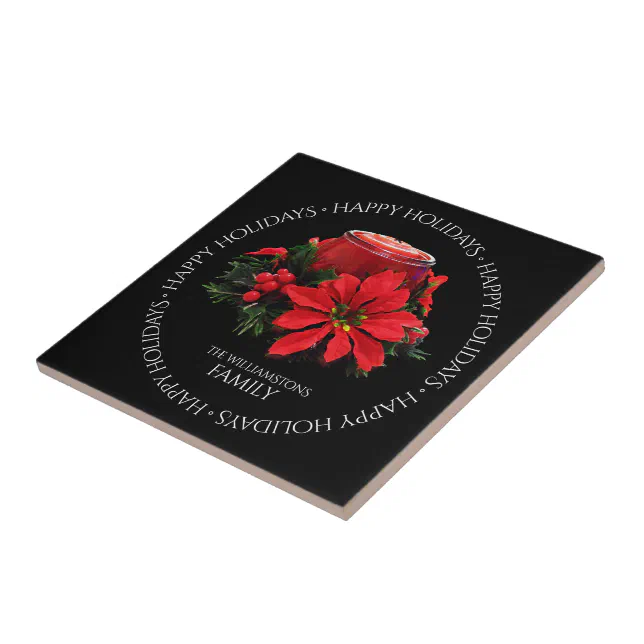 Festive Red Christmas Candle, Holly and Poinsettia Ceramic Tile