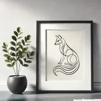 Minimalist Fox Line Drawing Black and White Framed Art