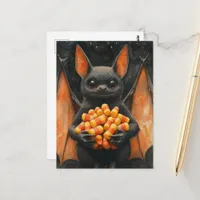 Cute Halloween Bat Cat With Candy Postcard