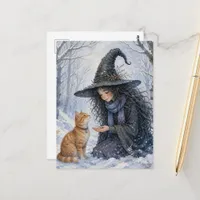 Beautiful Witch and Ginger Cat in Winter Forest Postcard
