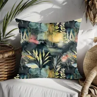 Watercolor Foliage Black Pink Yellow Abstract Throw Pillow