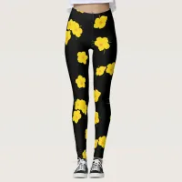 Black Yellow Hibiscus Flower Patterned Leggings