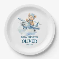 Cute Bear Blue Plane Time Flies One 1st Birthday Paper Plates