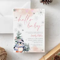 Hello Baby, Winter Penguin baby shower pink Invitation