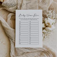 Minimalist Name Race Baby Shower Game card