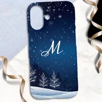 Christmas Winter Snow Night Sky Blue Monogrammed iPhone 16 Case