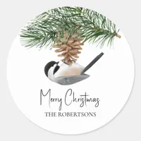 Watercolor Chickadee Pine Cone Christmas Classic Round Sticker