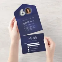 60th Birthday navy blue silver photo rsvp All In One Invitation