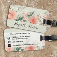 Watercolor Peach Fuzz Greenery Flowers Script Name Luggage Tag