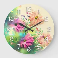 Pink and Coral Watercolor Flowers Large Clock