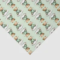 Cute Teddy Bear Green PJs Green Background Tissue Paper