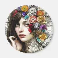 Collage Art | Pretty Girl with Flowers in her Hair Magnet