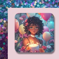 Anime Themed Birthday Girl of Color Square Sticker