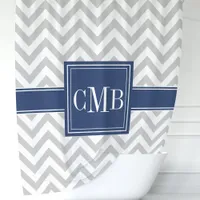 Gray and Navy Blue Chevron Monogram Shower Curtain