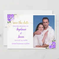 Purple Roses and Gold Floral Photo Wedding Save The Date