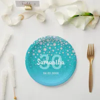 30th birthday teal blue green glitter name paper plates