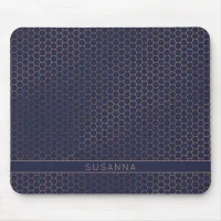 Girly Rose Gold Foil Navy Hexagon Honeycomb Mouse Pad