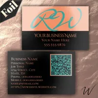 Foil Bold Monogram in Turquoise on Rosegold Spot Gloss Business Cards