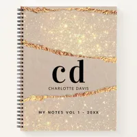 Beige gold agate marble monogram notebook